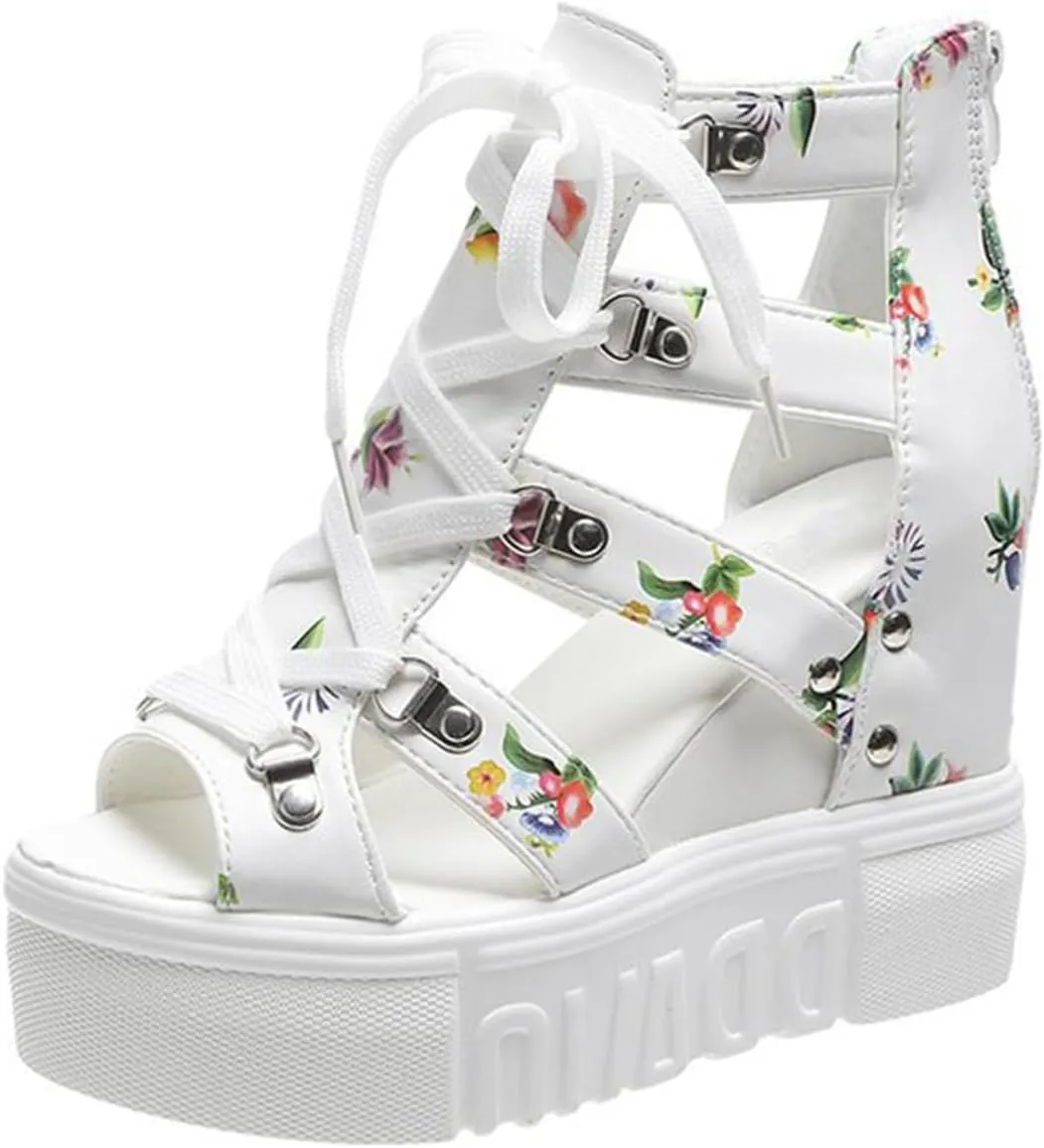 Women's High Top Floral Sandals Peep Toe Thick Bottom Sandals Lace-up with Back Zipper Comfy Platform Fish Mouth Sandals (White,8)