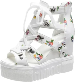 Women's High Top Floral Sandals Peep Toe Thick Bottom Sandals Lace-up with Back Zipper Comfy Platform Fish Mouth Sandals (White,8)