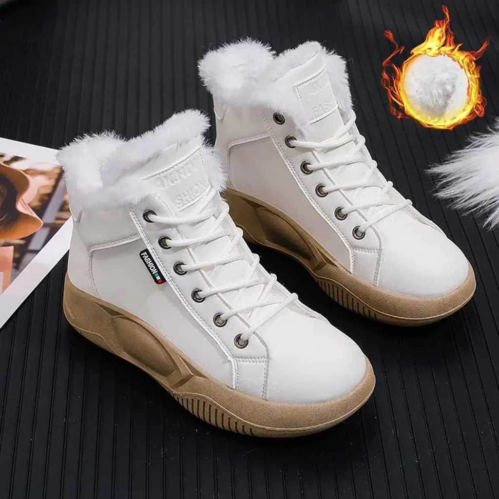 Women's High Top Thick Sole Boots,Cozy Thermal Fur Lining Non-Slip Fashion Boot Casual Lace Up Sneakers