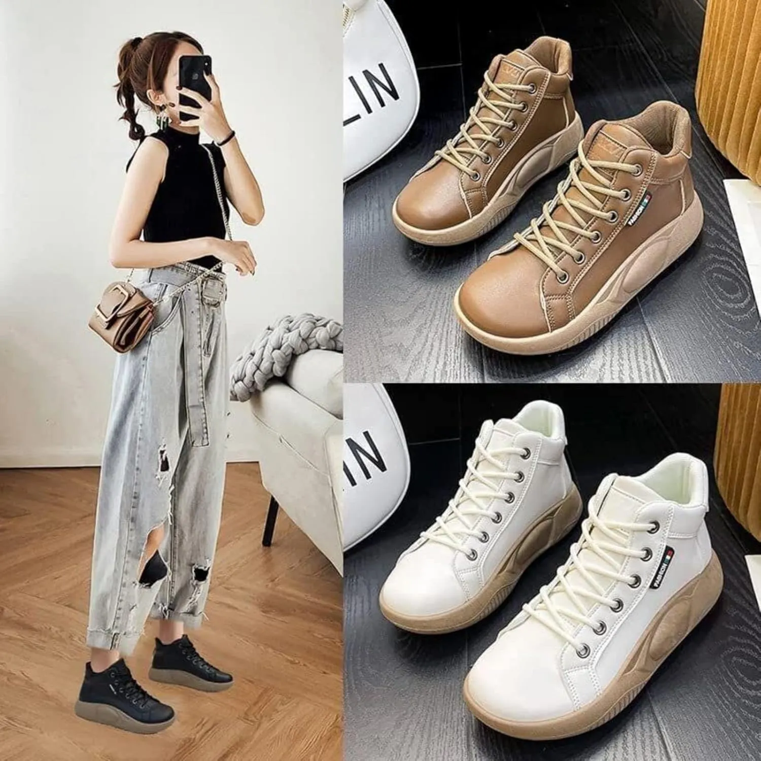 Women's High Top Thick Sole Boots,Cozy Thermal Fur Lining Non-Slip Fashion Boot Casual Lace Up Sneakers