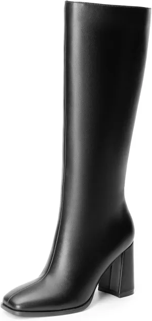 Women's Knee High Boots Chunky Heel Square Toe GoGo Boot With Side Zip Fashion Dress Boots