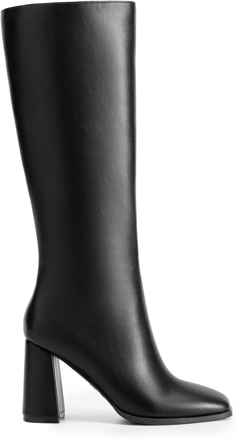 Women's Knee High Boots Chunky Heel Square Toe GoGo Boot With Side Zip Fashion Dress Boots