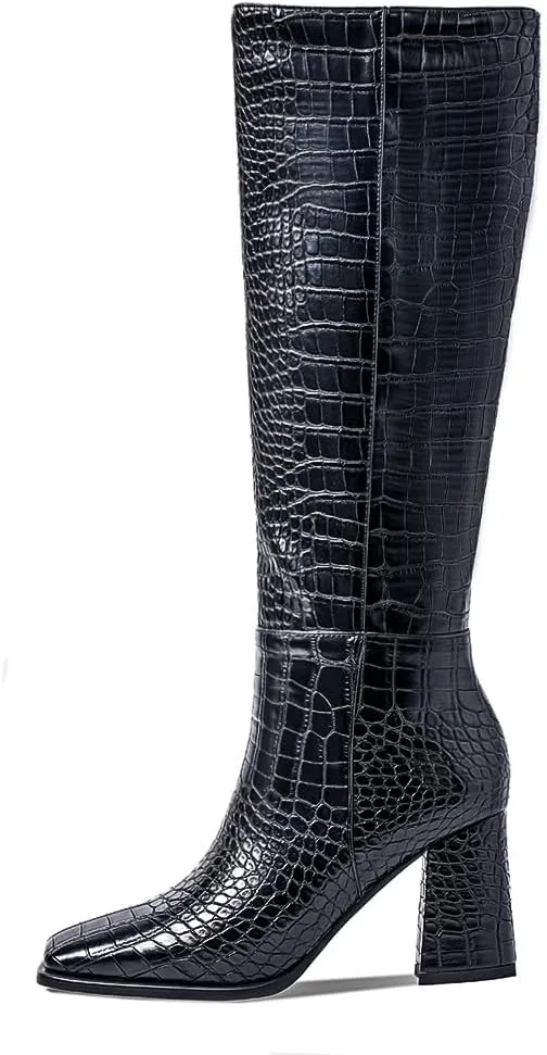 Women's Knee High Boots Chunky Heel Square Toe GoGo Boot With Side Zip Fashion Dress Boots
