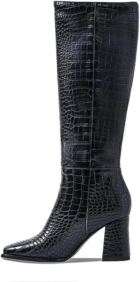 Women's Knee High Boots Chunky Heel Square Toe GoGo Boot With Side Zip Fashion Dress Boots