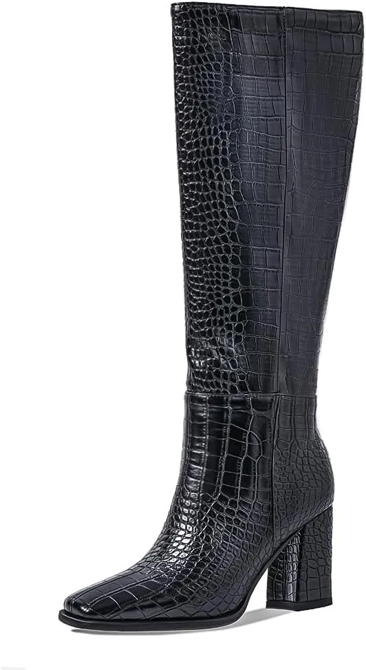 Women's Knee High Boots Chunky Heel Square Toe GoGo Boot With Side Zip Fashion Dress Boots