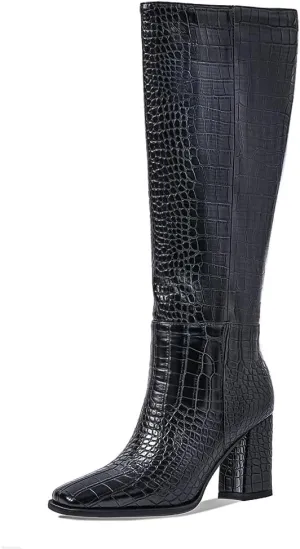 Women's Knee High Boots Chunky Heel Square Toe GoGo Boot With Side Zip Fashion Dress Boots
