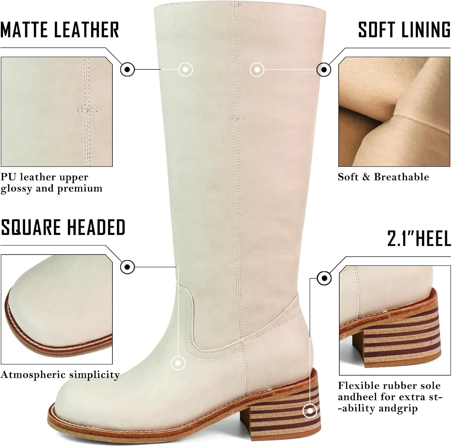 Women's Knee High Boots Square Toe Chunky Block Heel Long Boots for Women Comfortable Low Heel Womens Boots