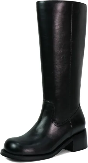 Women's Knee High Boots Square Toe Chunky Block Heel Long Boots for Women Comfortable Low Heel Womens Boots