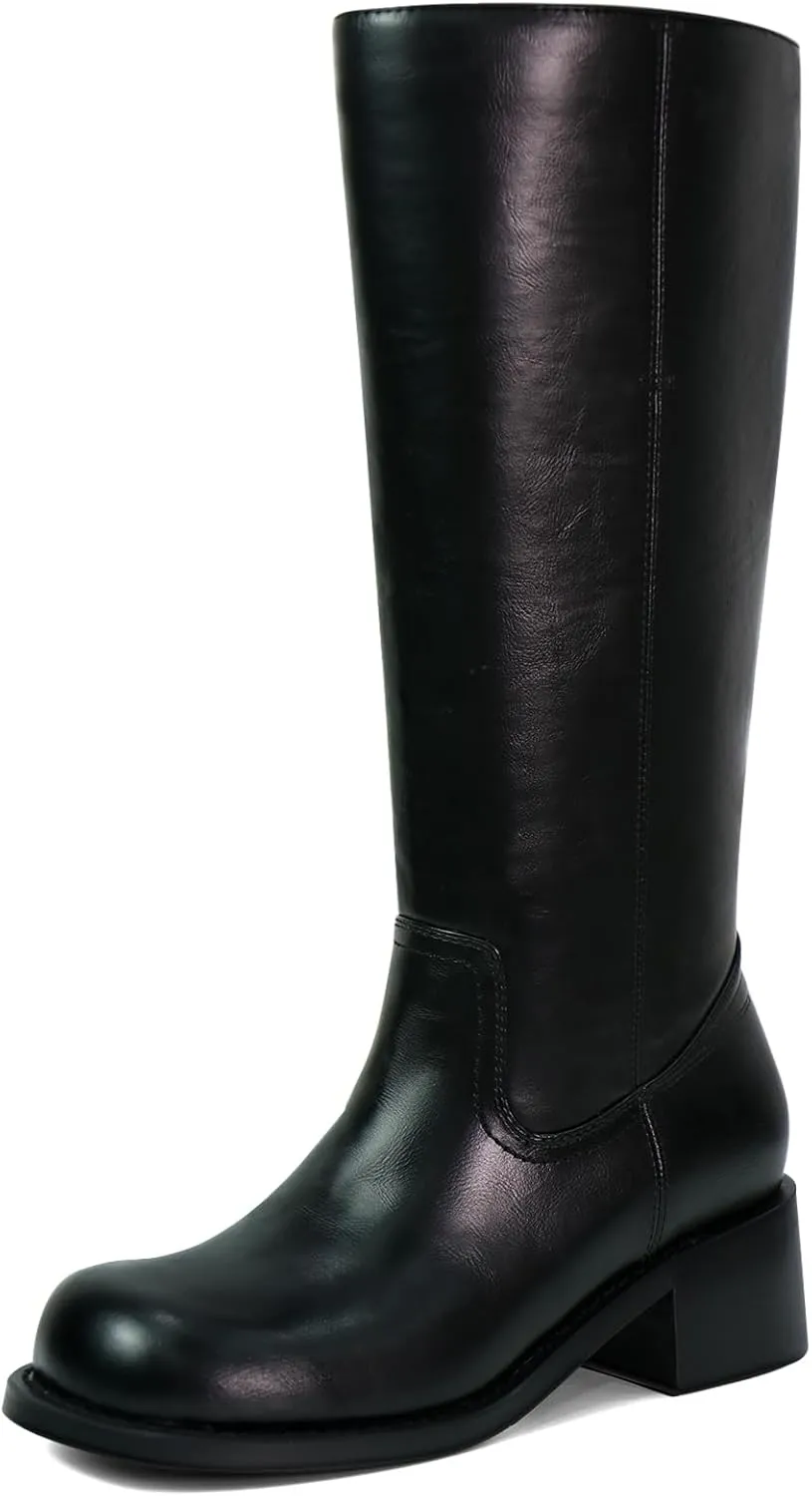 Women's Knee High Boots Square Toe Chunky Block Heel Long Boots for Women Comfortable Low Heel Womens Boots