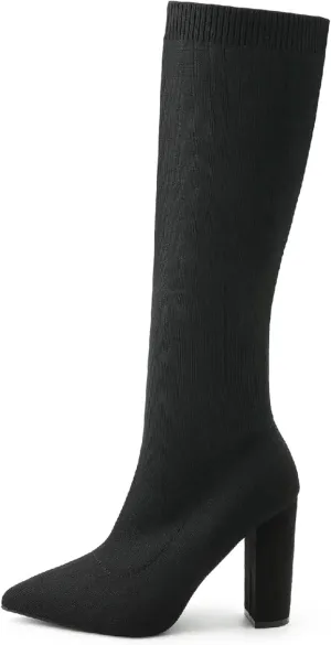 Women's Knee High Stretch Knit Chunky Heel Non-Slip Boots