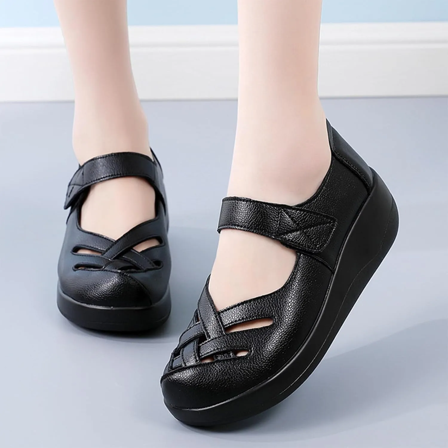 Women's Leather Braided Soft Sole Walking Mary Jane Shoes Breathable and Comfortable Hollow Round Toe Adjustable Hook and Loop Wedge Heel Casual Loafers Work Walking Shoes