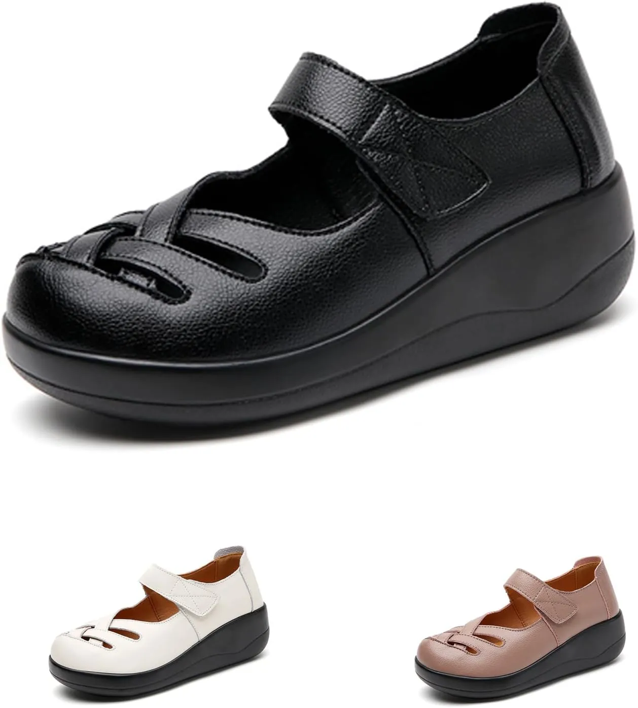 Women's Leather Braided Soft Sole Walking Mary Jane Shoes Breathable and Comfortable Hollow Round Toe Adjustable Hook and Loop Wedge Heel Casual Loafers Work Walking Shoes