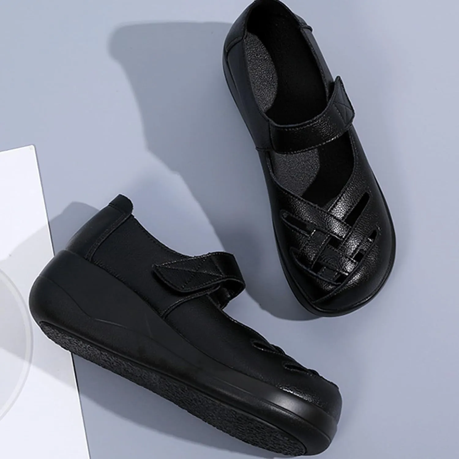Women's Leather Braided Soft Sole Walking Mary Jane Shoes Breathable and Comfortable Hollow Round Toe Adjustable Hook and Loop Wedge Heel Casual Loafers Work Walking Shoes