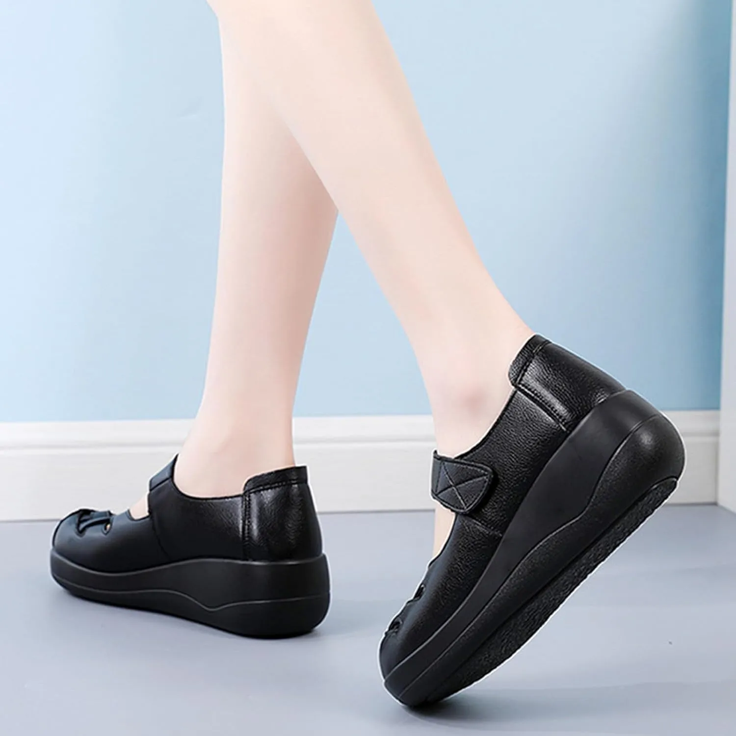 Women's Leather Braided Soft Sole Walking Mary Jane Shoes Breathable and Comfortable Hollow Round Toe Adjustable Hook and Loop Wedge Heel Casual Loafers Work Walking Shoes