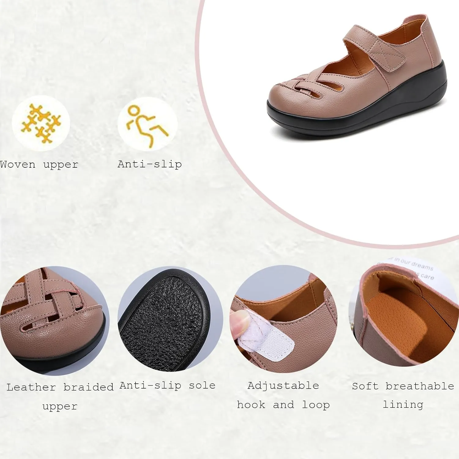 Women's Leather Braided Soft Sole Walking Mary Jane Shoes Breathable and Comfortable Hollow Round Toe Adjustable Hook and Loop Wedge Heel Casual Loafers Work Walking Shoes