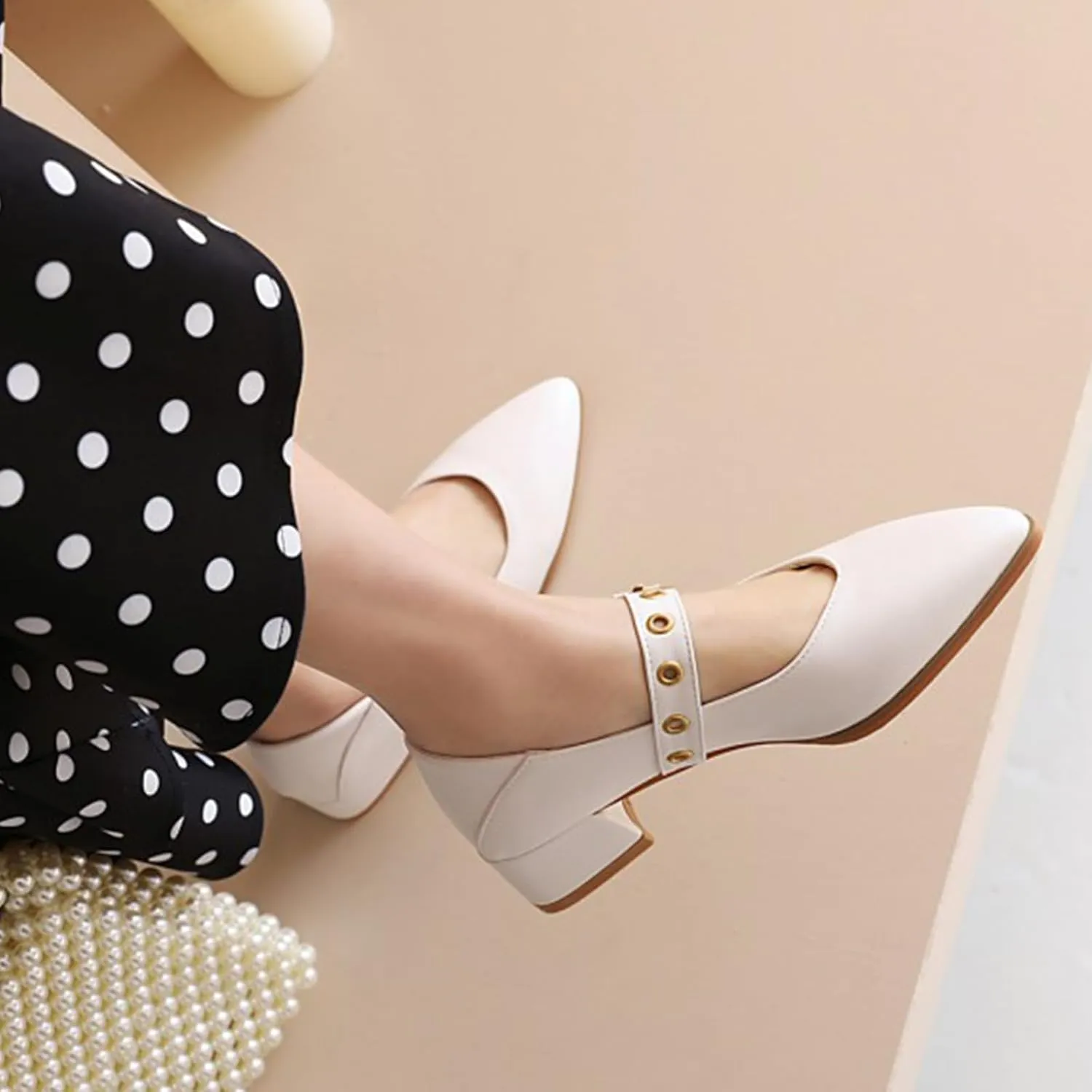 Women's Leather Chunky Heel Formal Mary Jane Simple Closed Pointed Toe Adjustable Hook and Loop Comfortable Low Block Heel Non-Slip Low Top Loafers for Work Party Dance