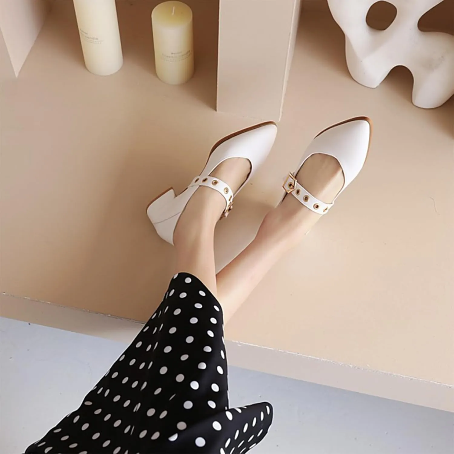 Women's Leather Chunky Heel Formal Mary Jane Simple Closed Pointed Toe Adjustable Hook and Loop Comfortable Low Block Heel Non-Slip Low Top Loafers for Work Party Dance
