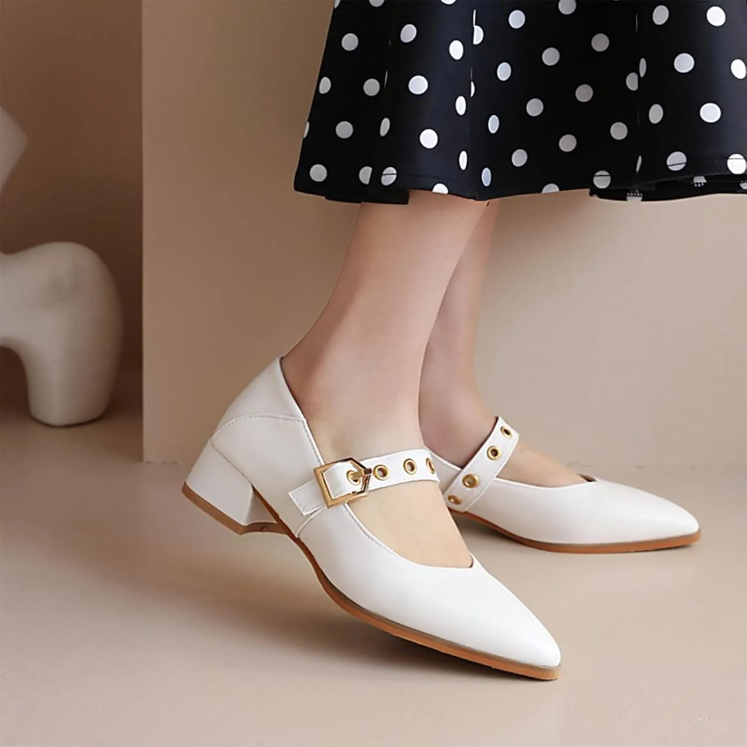 Women's Leather Chunky Heel Formal Mary Jane Simple Closed Pointed Toe Adjustable Hook and Loop Comfortable Low Block Heel Non-Slip Low Top Loafers for Work Party Dance