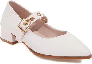 Women's Leather Chunky Heel Formal Mary Jane Simple Closed Pointed Toe Adjustable Hook and Loop Comfortable Low Block Heel Non-Slip Low Top Loafers for Work Party Dance