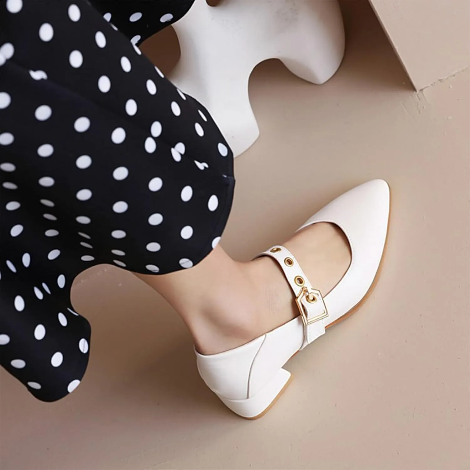Women's Leather Chunky Heel Formal Mary Jane Simple Closed Pointed Toe Adjustable Hook and Loop Comfortable Low Block Heel Non-Slip Low Top Loafers for Work Party Dance