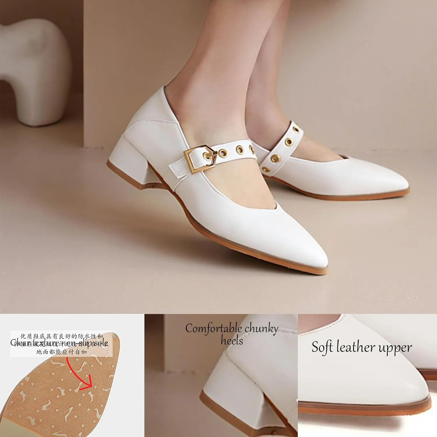 Women's Leather Chunky Heel Formal Mary Jane Simple Closed Pointed Toe Adjustable Hook and Loop Comfortable Low Block Heel Non-Slip Low Top Loafers for Work Party Dance