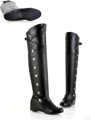 Women's Leather Hidden wedge heel Knee High Boots with Studded Decoration Round Toe Flat Dress Long Tall Boots for Fall Winter