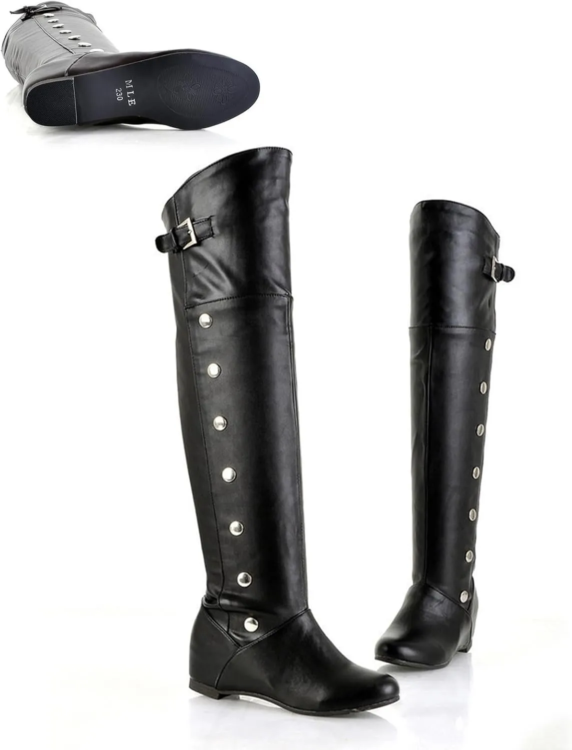 Women's Leather Hidden wedge heel Knee High Boots with Studded Decoration Round Toe Flat Dress Long Tall Boots for Fall Winter
