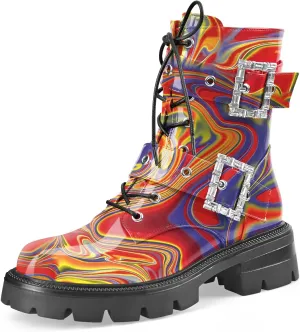 Women's Leather Platform Lug Sole Low Chunky Heel Combat Boots Lace Up Buckles Zipper Fashion Ankle Booties