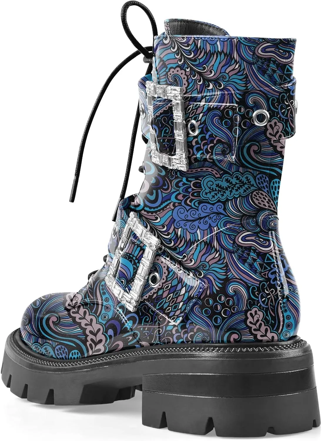 Women's Leather Platform Lug Sole Low Chunky Heel Combat Boots Lace Up Buckles Zipper Fashion Ankle Booties