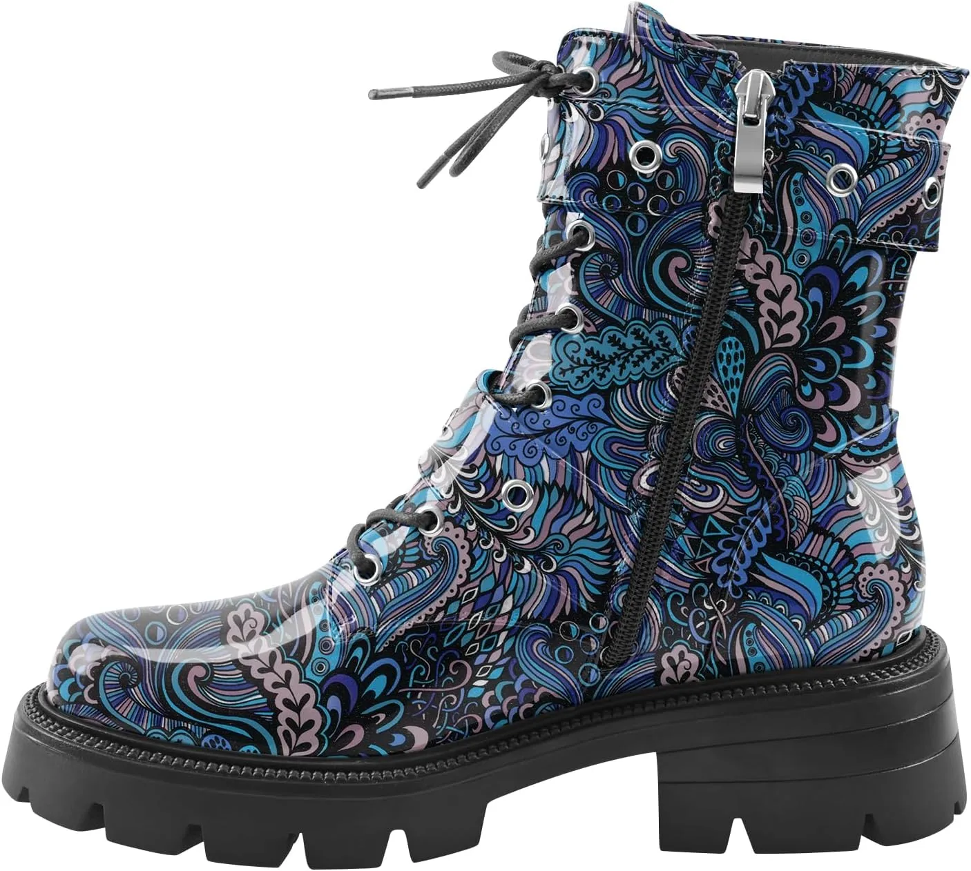 Women's Leather Platform Lug Sole Low Chunky Heel Combat Boots Lace Up Buckles Zipper Fashion Ankle Booties