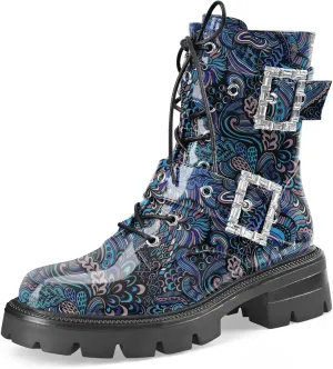 Women's Leather Platform Lug Sole Low Chunky Heel Combat Boots Lace Up Buckles Zipper Fashion Ankle Booties