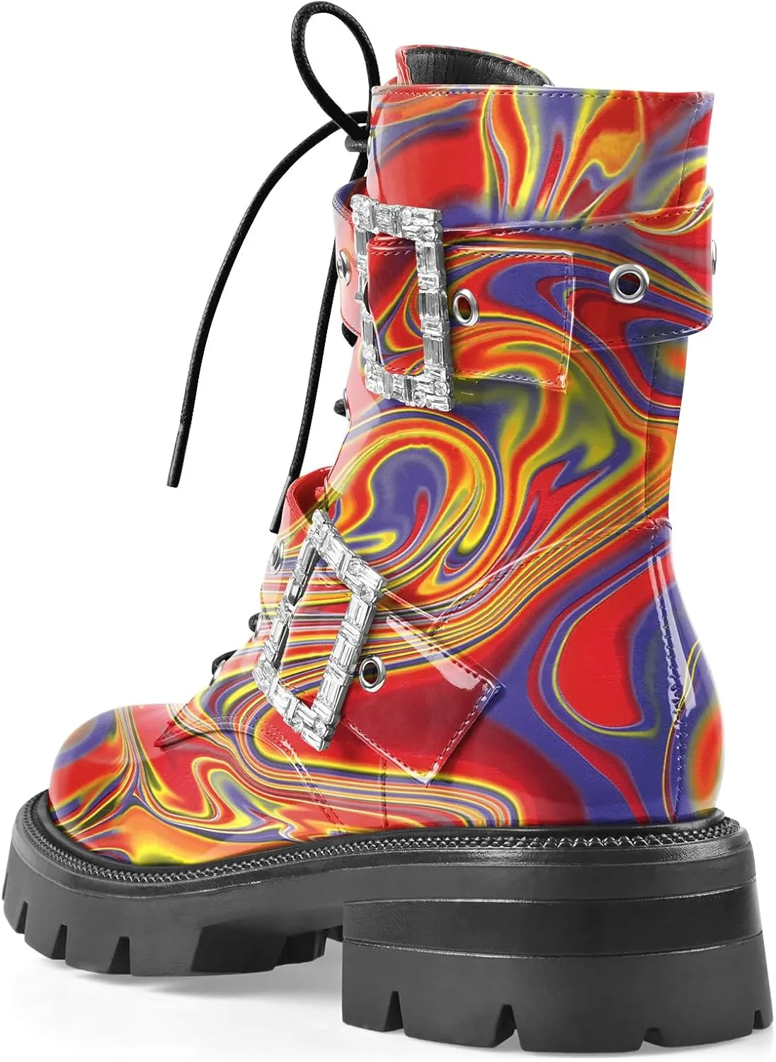 Women's Leather Platform Lug Sole Low Chunky Heel Combat Boots Lace Up Buckles Zipper Fashion Ankle Booties