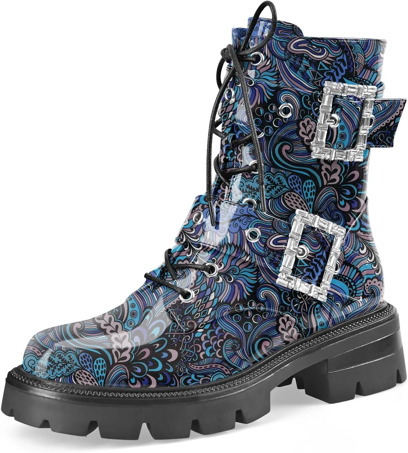 Women's Leather Platform Lug Sole Low Chunky Heel Combat Boots Lace Up Buckles Zipper Fashion Ankle Booties