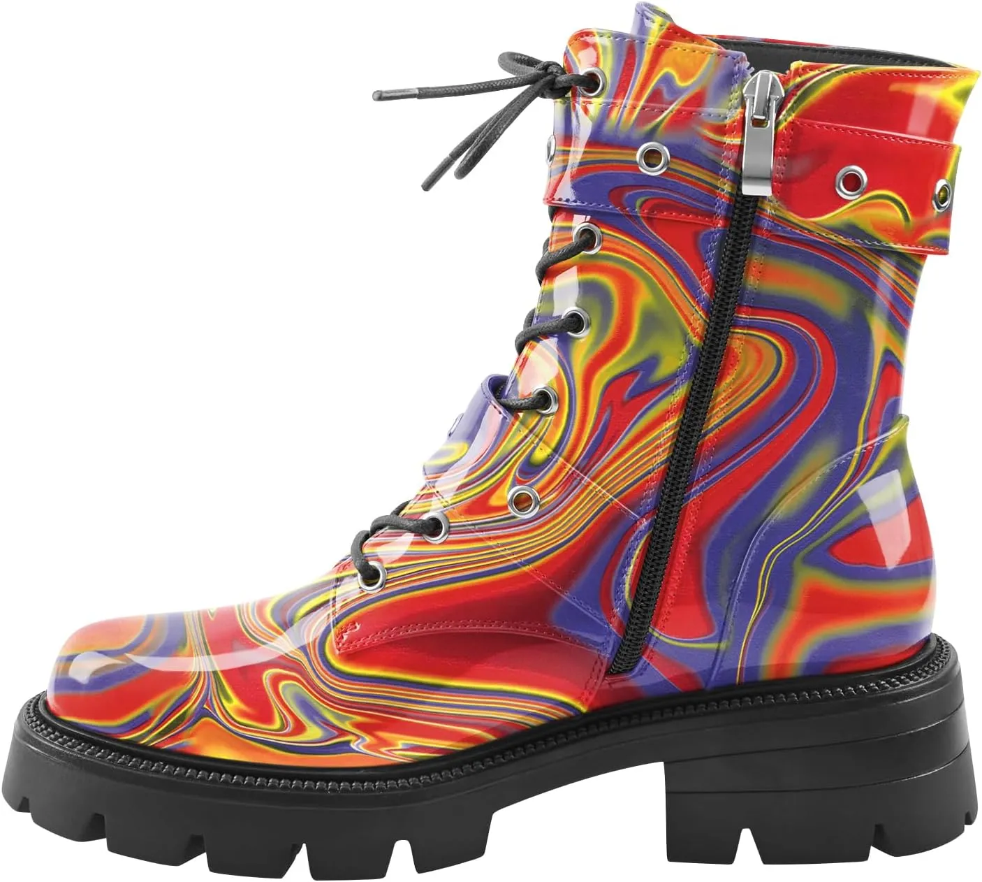 Women's Leather Platform Lug Sole Low Chunky Heel Combat Boots Lace Up Buckles Zipper Fashion Ankle Booties