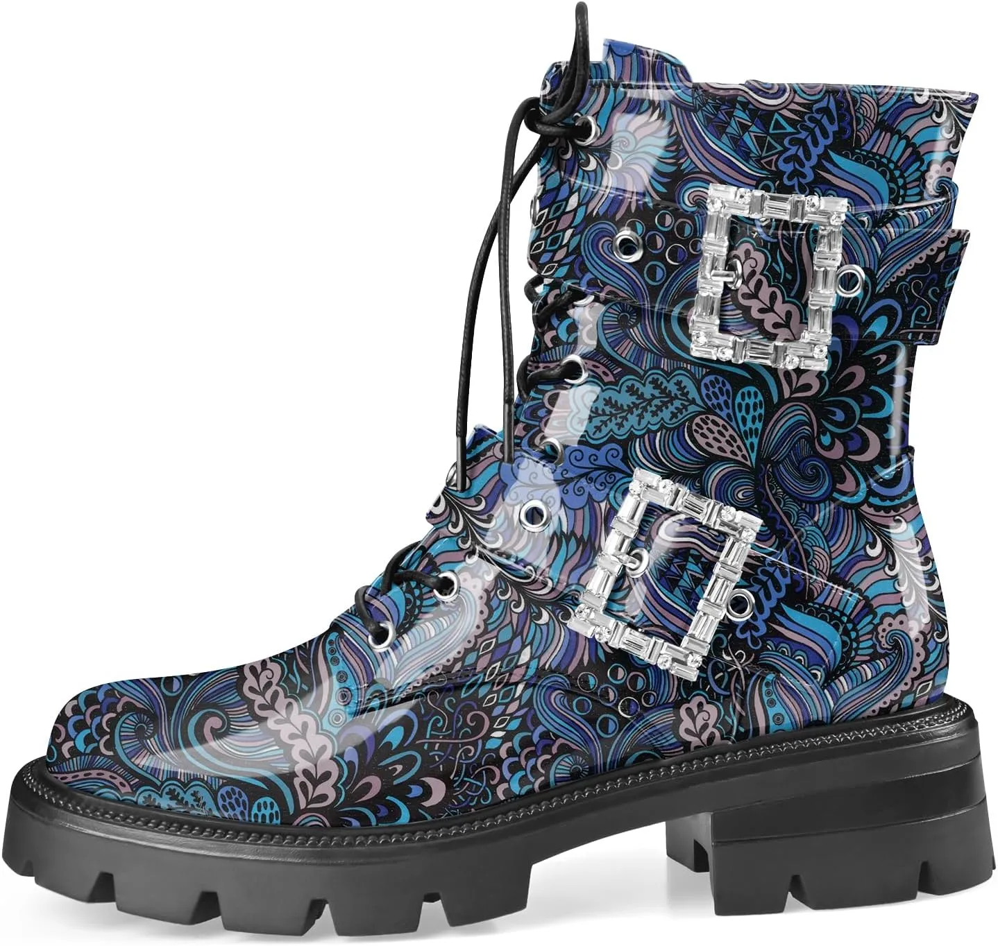 Women's Leather Platform Lug Sole Low Chunky Heel Combat Boots Lace Up Buckles Zipper Fashion Ankle Booties