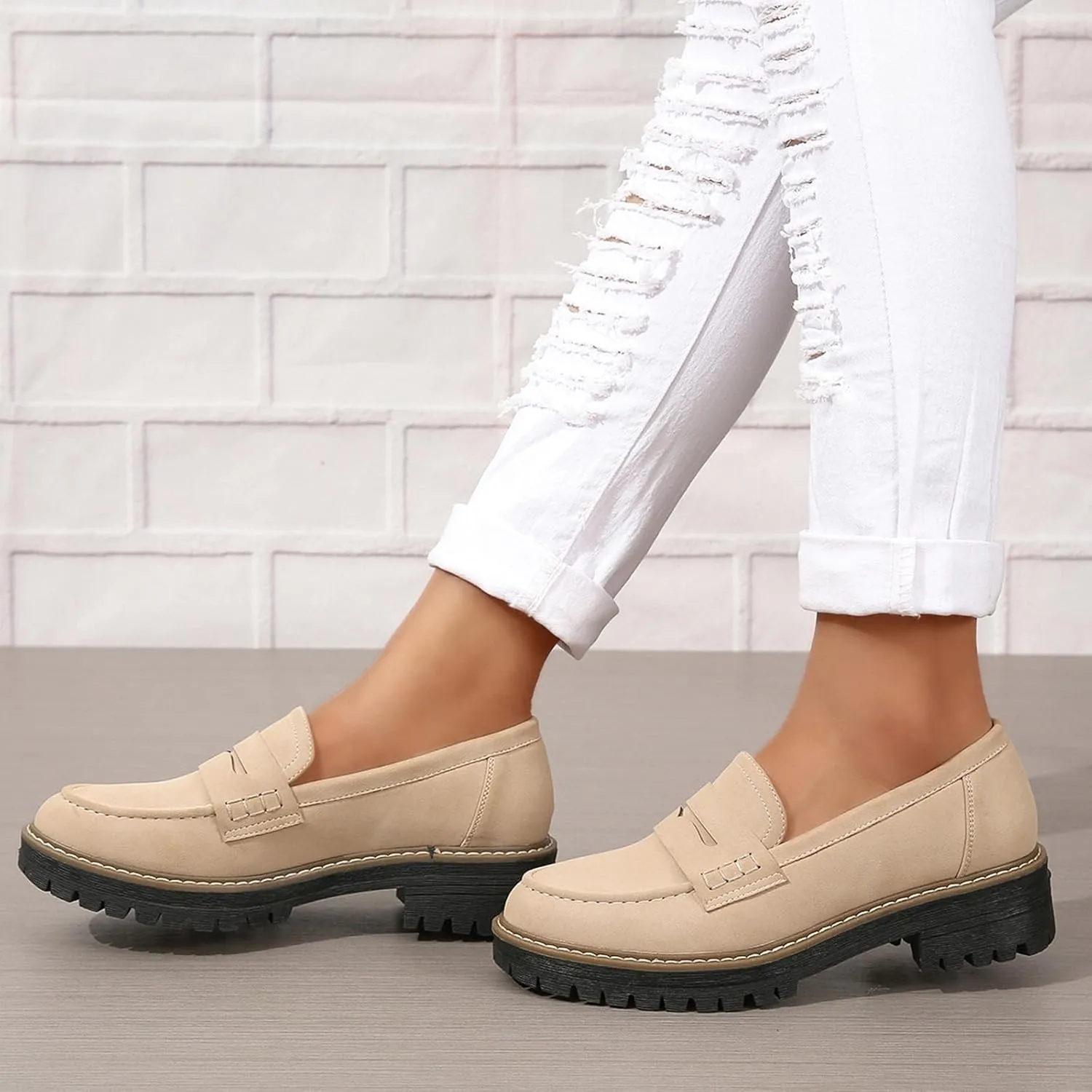Womens Loafers Slip On Casual Chunky Platform Heel Loafers Classic Penny Dressy Comfy Business Work Shoes Green Beige Black Red US5-11