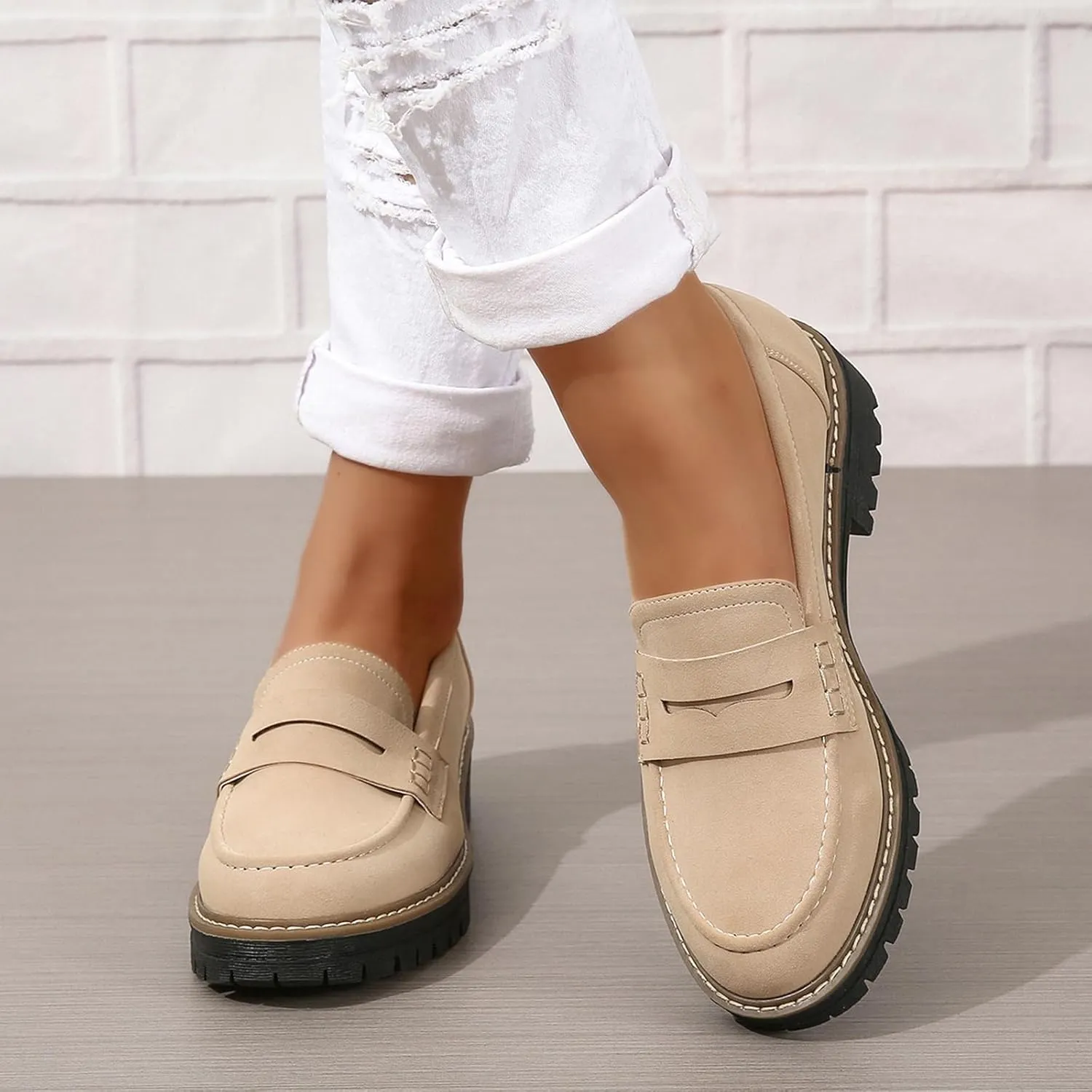Womens Loafers Slip On Casual Chunky Platform Heel Loafers Classic Penny Dressy Comfy Business Work Shoes Green Beige Black Red US5-11
