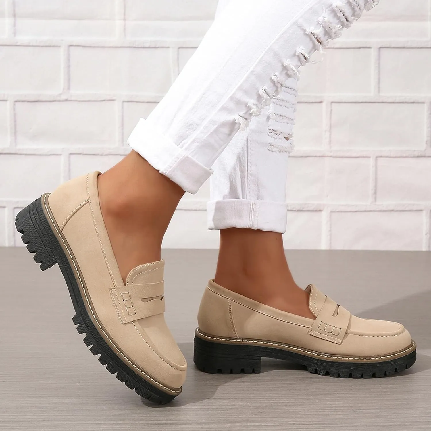 Womens Loafers Slip On Casual Chunky Platform Heel Loafers Classic Penny Dressy Comfy Business Work Shoes Green Beige Black Red US5-11