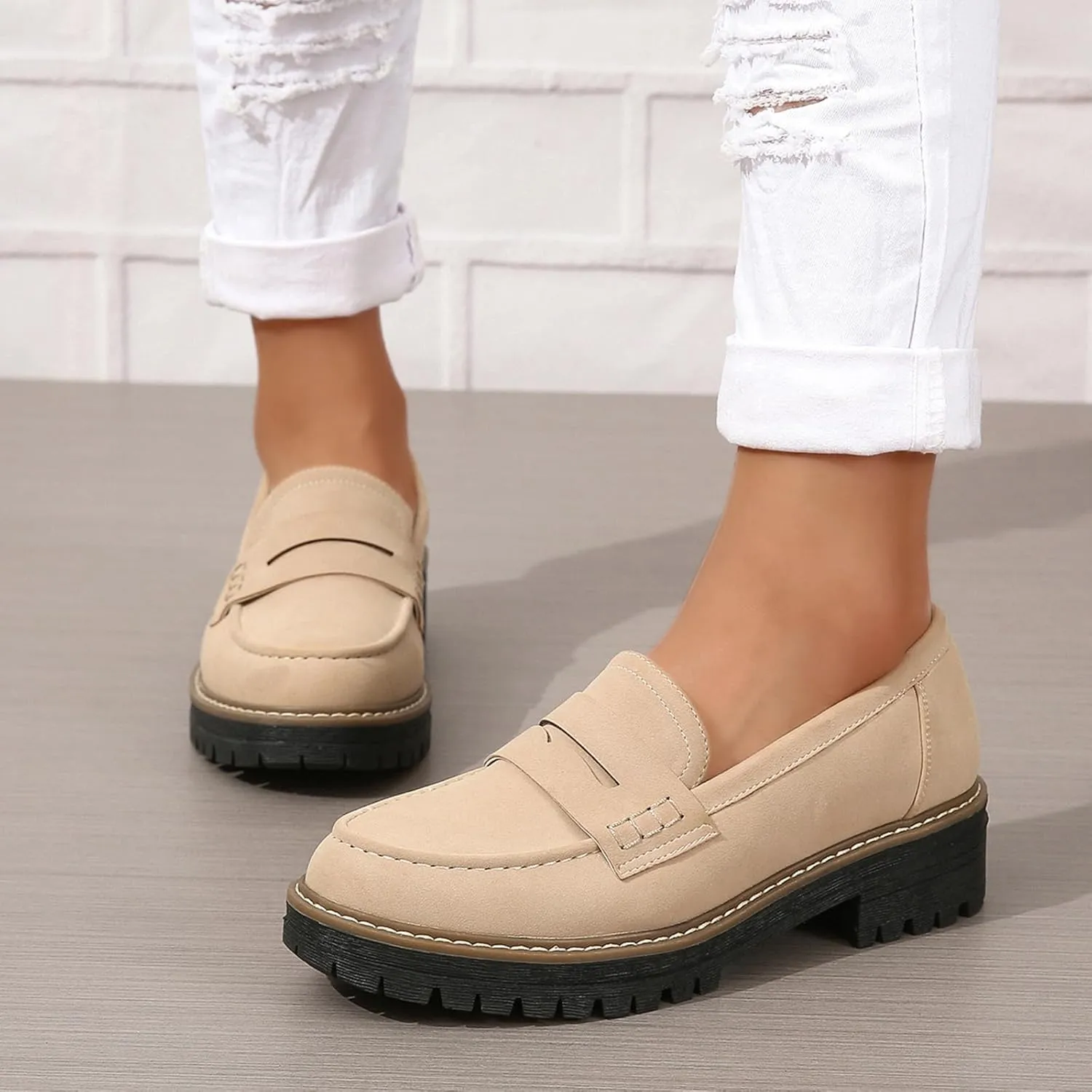 Womens Loafers Slip On Casual Chunky Platform Heel Loafers Classic Penny Dressy Comfy Business Work Shoes Green Beige Black Red US5-11