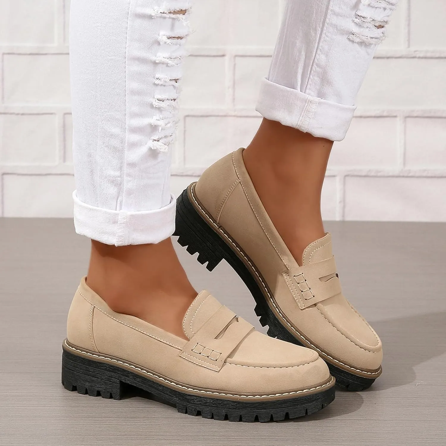Womens Loafers Slip On Casual Chunky Platform Heel Loafers Classic Penny Dressy Comfy Business Work Shoes Green Beige Black Red US5-11