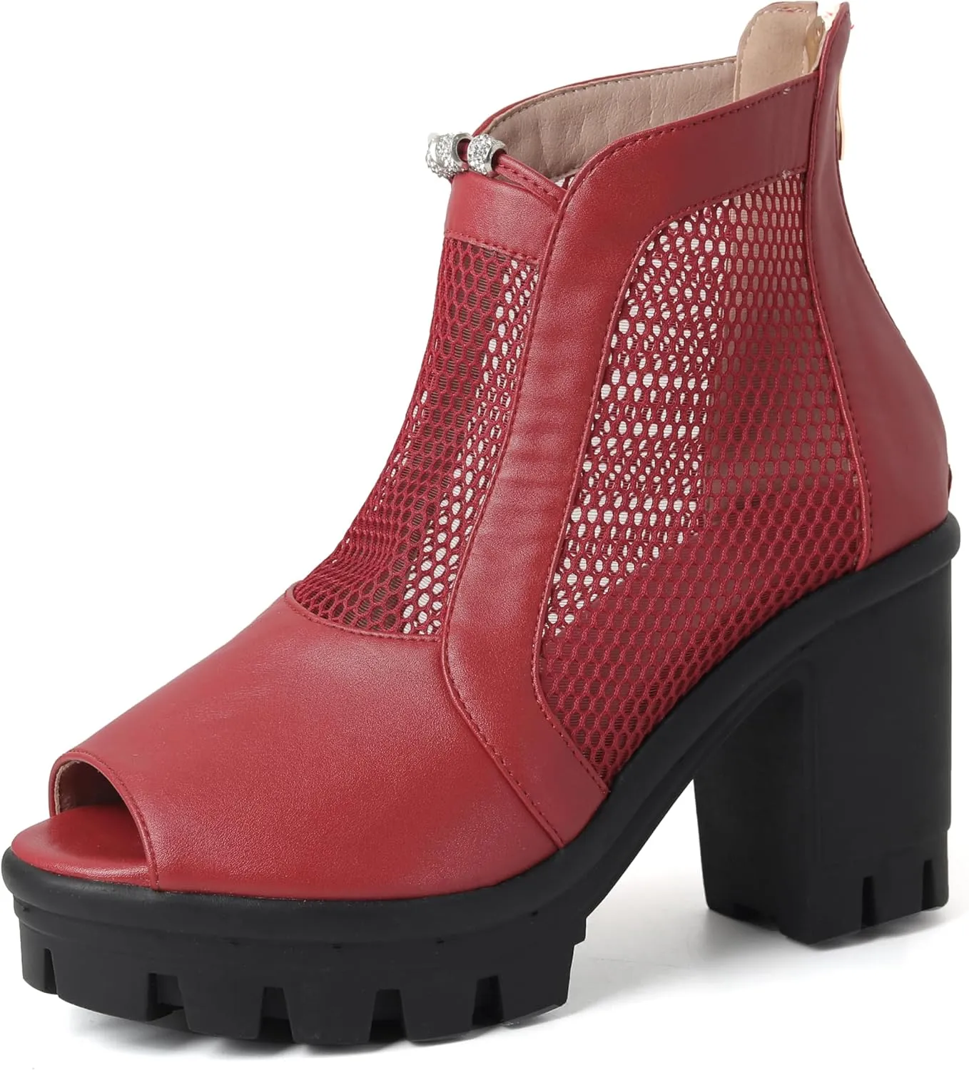 Women's Mesh Peep Toe Booties Chunky Platform Ankle Boots Goth Block High Heeled Sandals Round Toe Zipper Shoes
