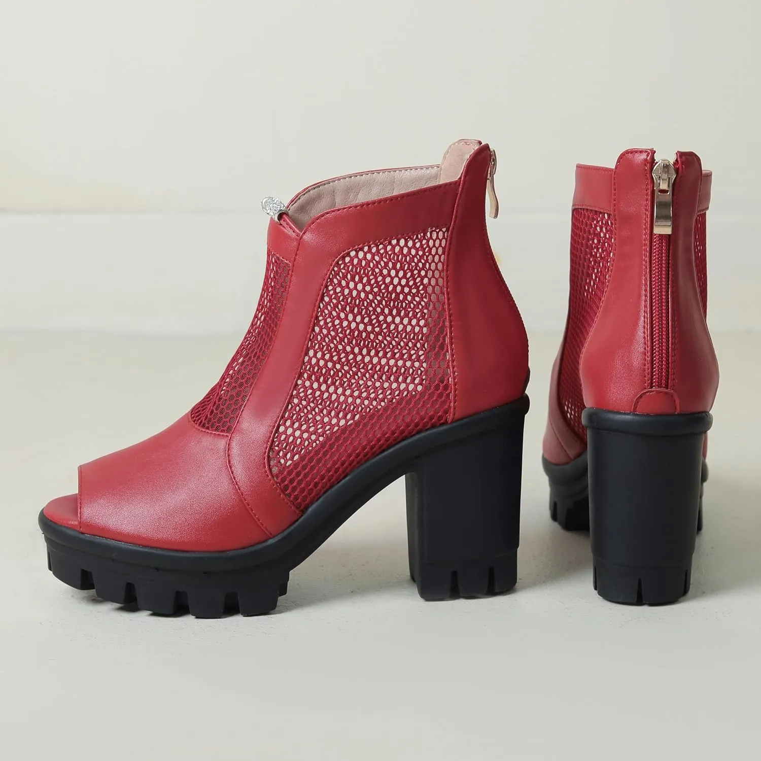 Women's Mesh Peep Toe Booties Chunky Platform Ankle Boots Goth Block High Heeled Sandals Round Toe Zipper Shoes