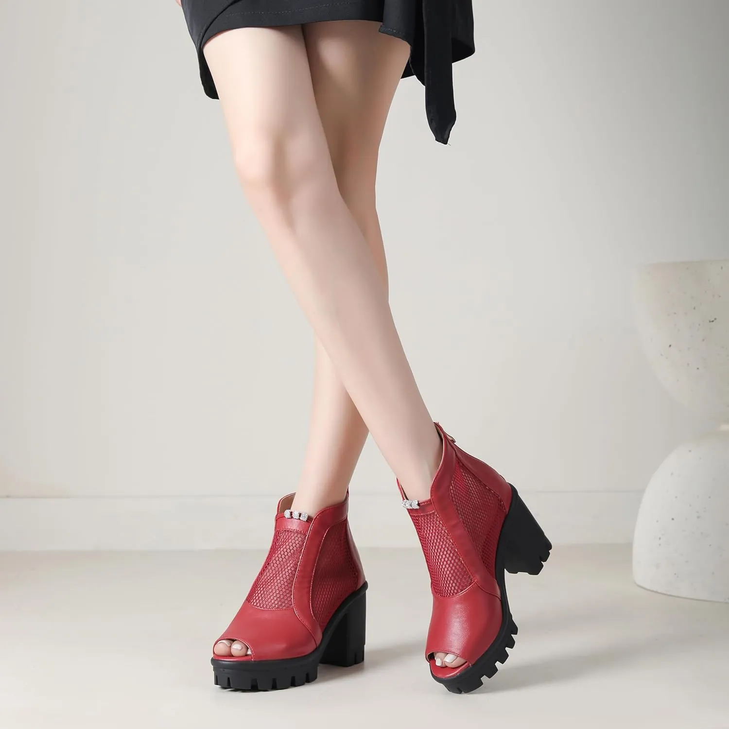 Women's Mesh Peep Toe Booties Chunky Platform Ankle Boots Goth Block High Heeled Sandals Round Toe Zipper Shoes