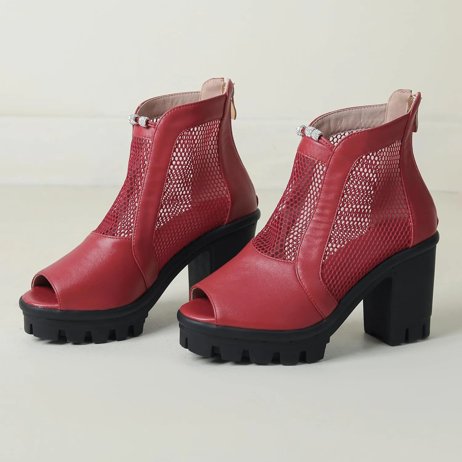 Women's Mesh Peep Toe Booties Chunky Platform Ankle Boots Goth Block High Heeled Sandals Round Toe Zipper Shoes