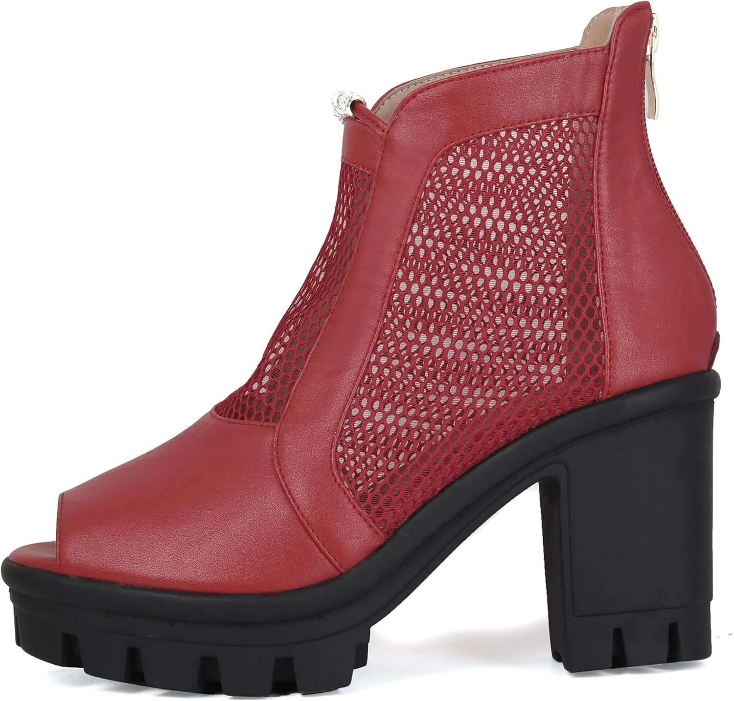 Women's Mesh Peep Toe Booties Chunky Platform Ankle Boots Goth Block High Heeled Sandals Round Toe Zipper Shoes