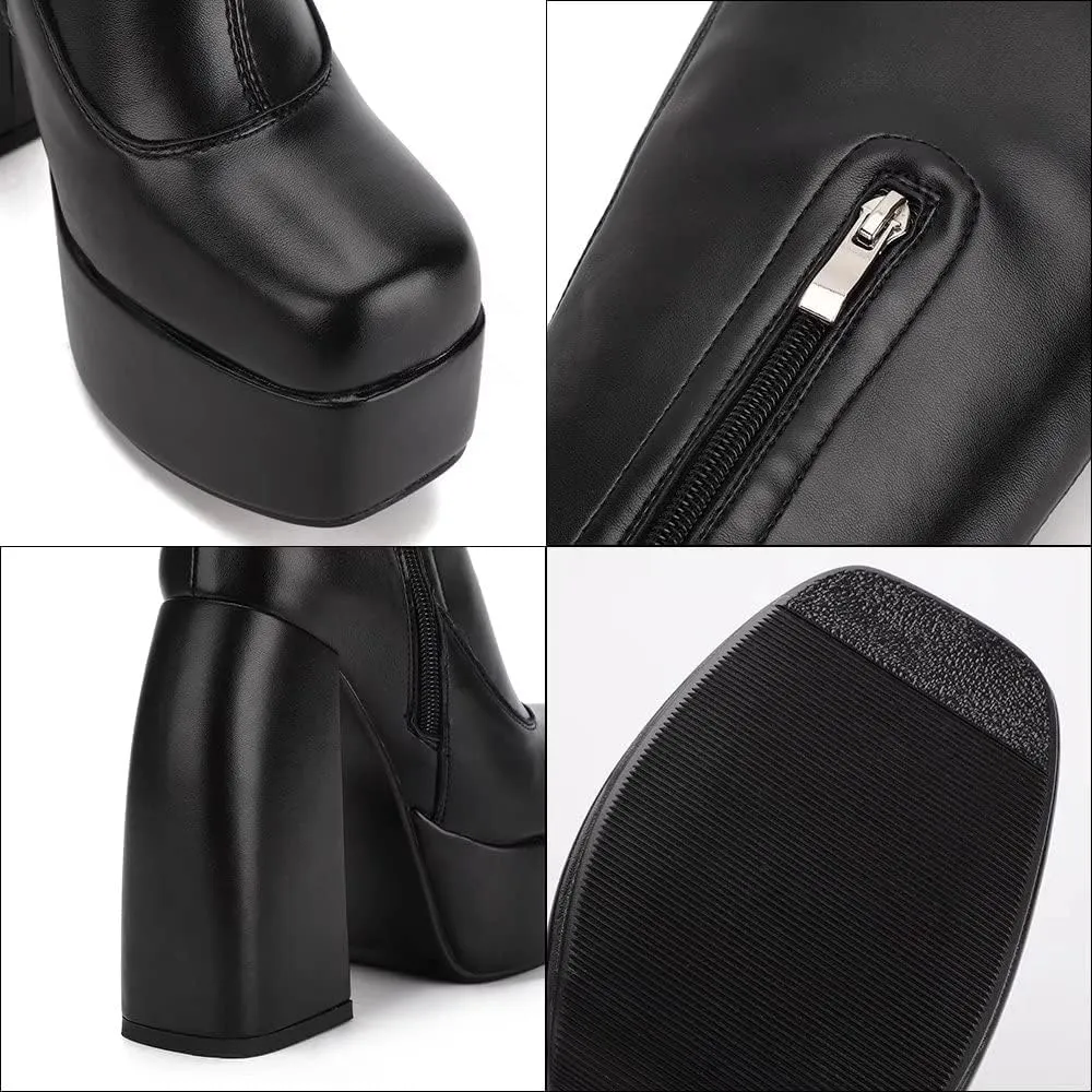 Womens Mid Calf Knee High Boots High Heel Round-Toe Side Zipper Punk Style Shoes Combat Boots For Women