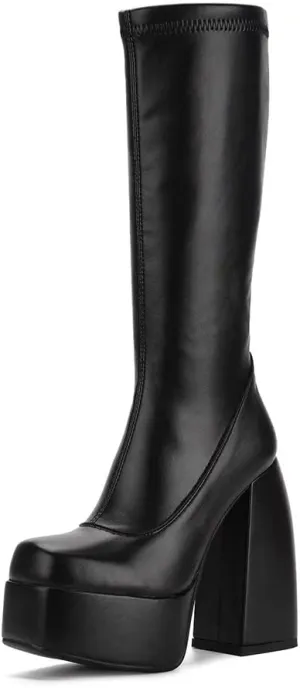 Womens Mid Calf Knee High Boots High Heel Round-Toe Side Zipper Punk Style Shoes Combat Boots For Women