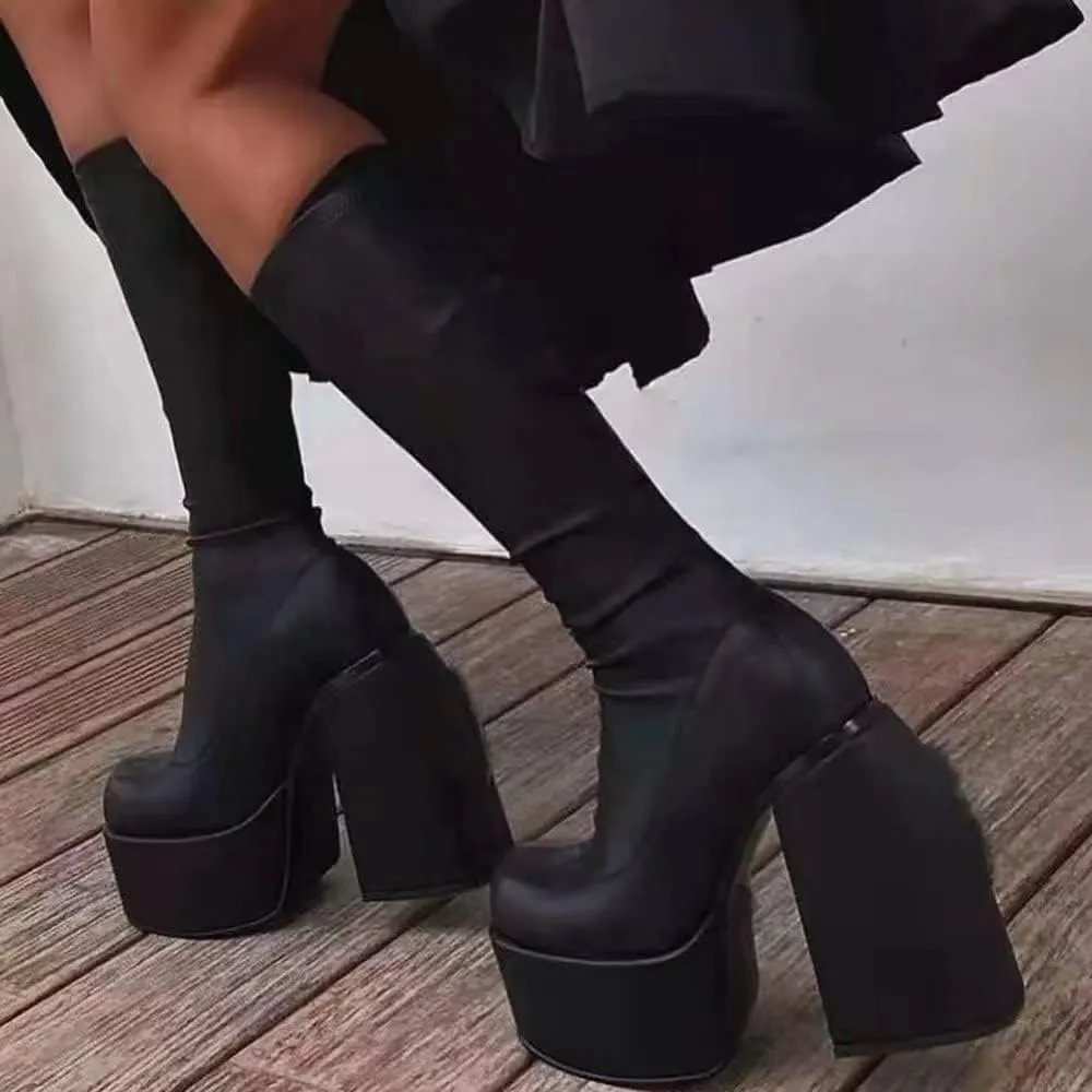 Womens Mid Calf Knee High Boots High Heel Round-Toe Side Zipper Punk Style Shoes Combat Boots For Women