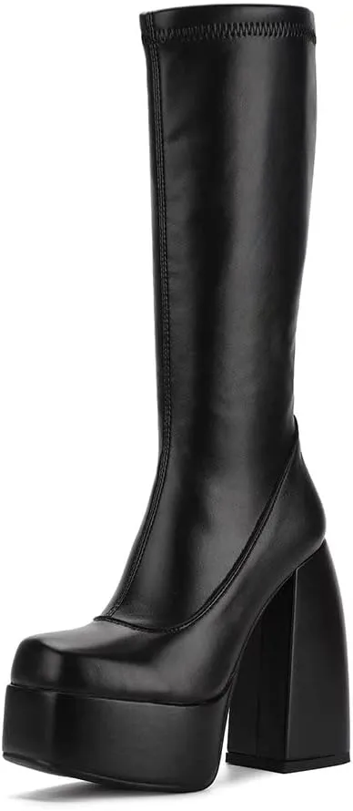 Womens Mid Calf Knee High Boots High Heel Round-Toe Side Zipper Punk Style Shoes Combat Boots For Women