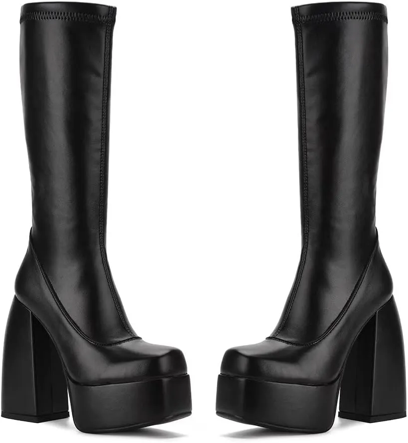 Womens Mid Calf Knee High Boots High Heel Round-Toe Side Zipper Punk Style Shoes Combat Boots For Women